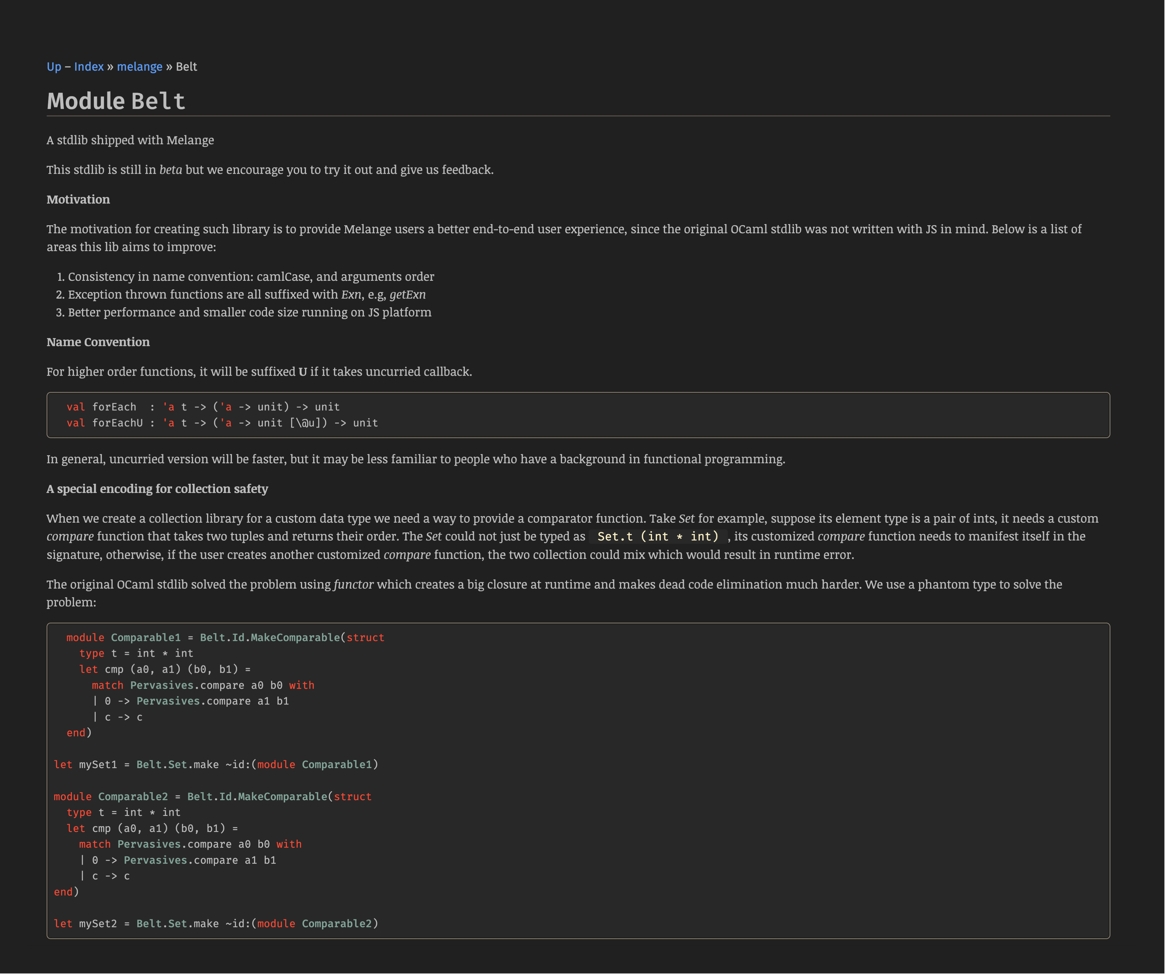 odoc's HTML website for melange.belt